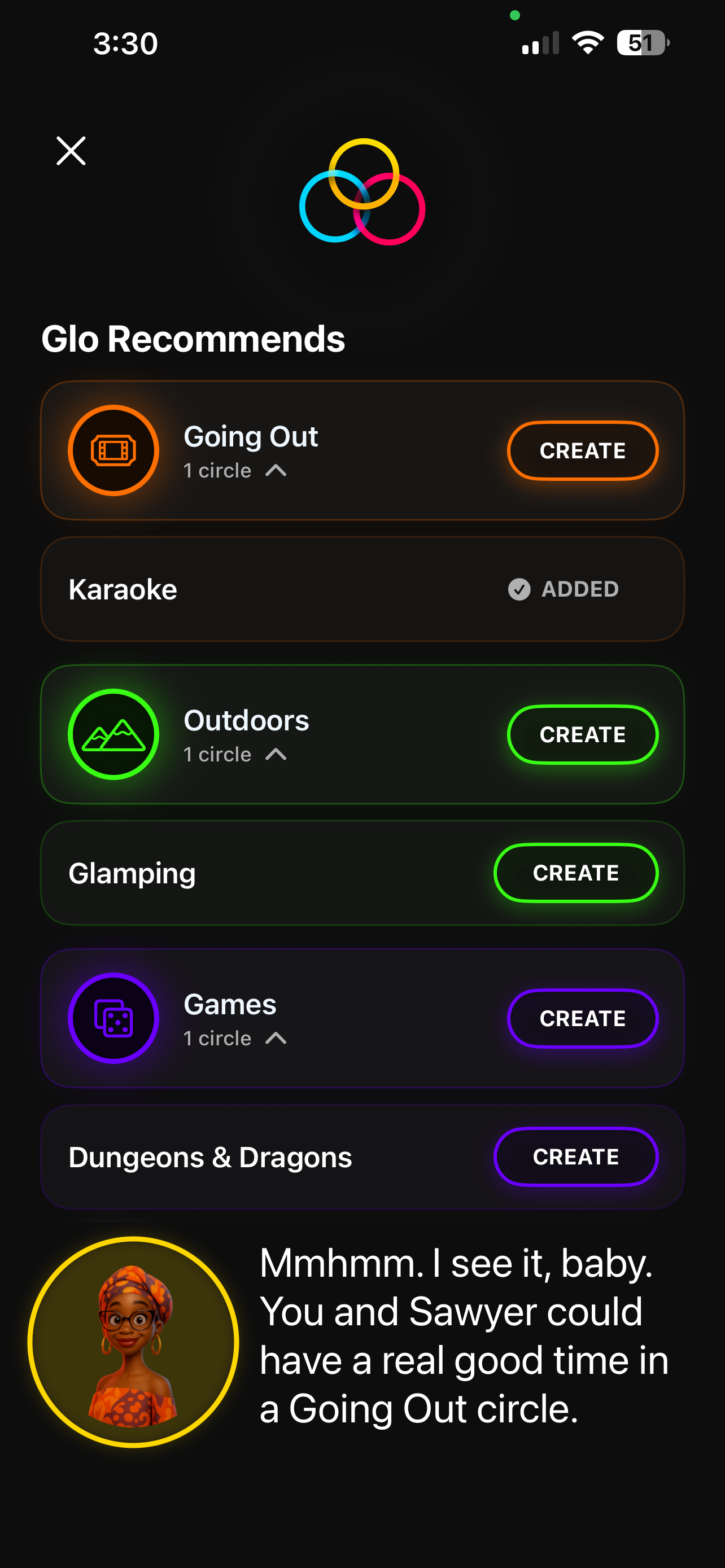 Glo recommending circles after a SRKLS connection